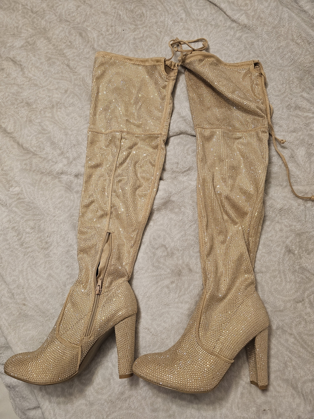 Over-the-Knee Sparkle Heeled Boots in Gold